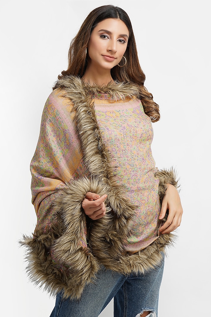 Beige Pashmina & Fur Stole by DUSALA ACCESSORIES at Pernia's Pop Up Shop