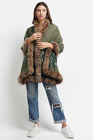 Green Fur & Pashmina Stole by DUSALA  ACCESSORIES
