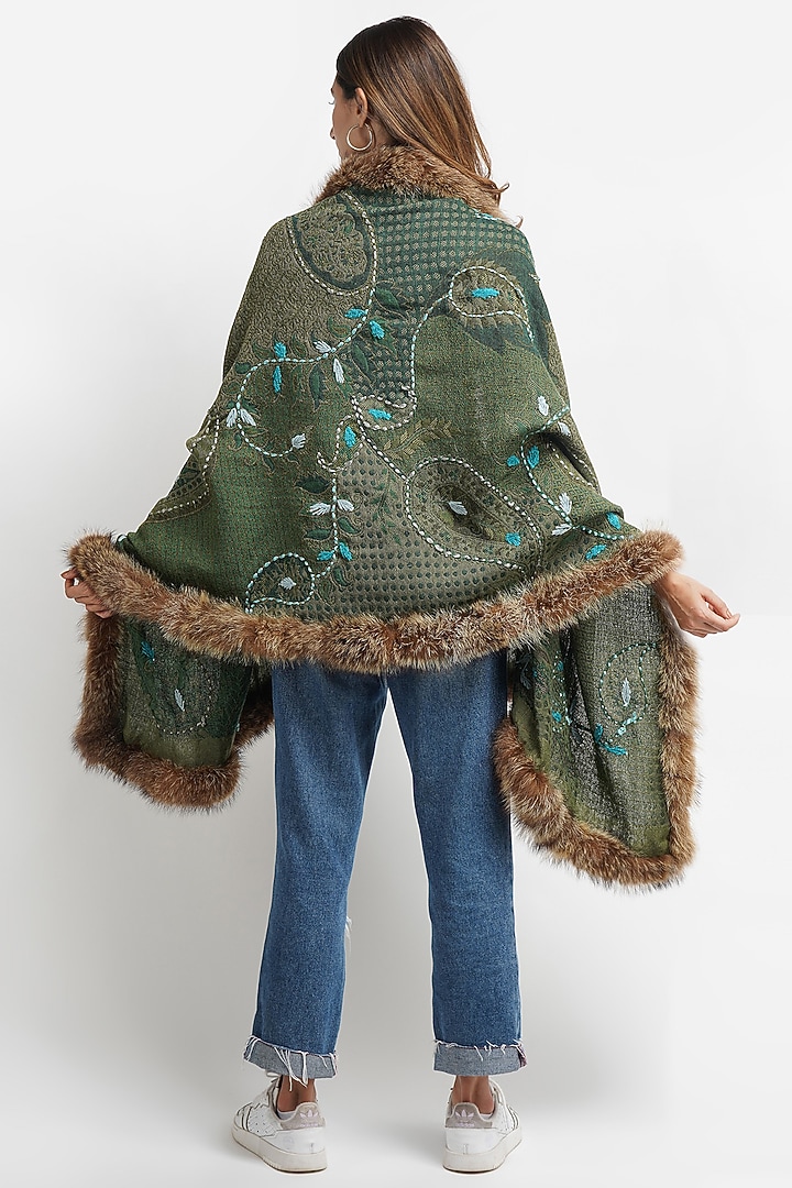 Green Fur & Pashmina Stole by DUSALA ACCESSORIES at Pernia's Pop Up Shop