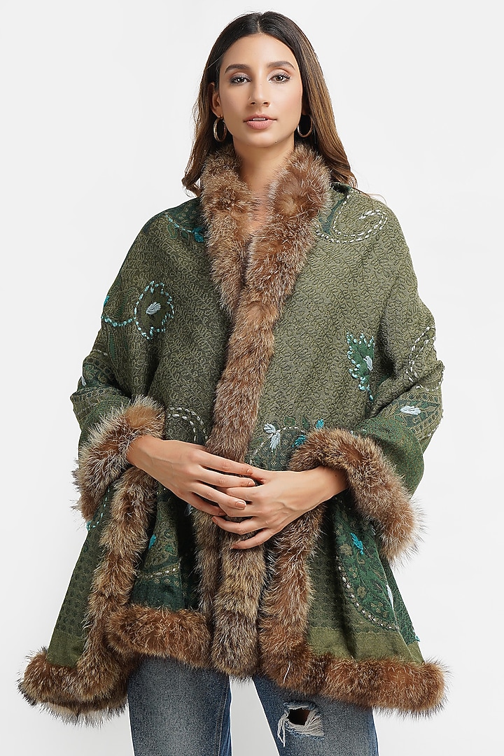 Green Fur & Pashmina Stole by DUSALA ACCESSORIES at Pernia's Pop Up Shop