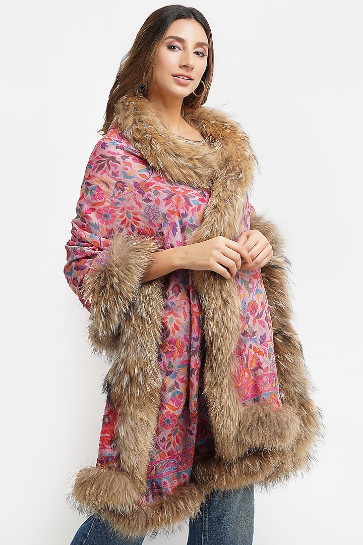 Pink Fur & Pashmina Stole by DUSALA ACCESSORIES at Pernia's Pop Up Shop