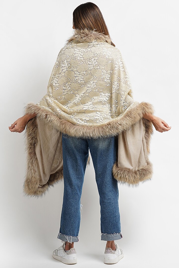 Light Beige Fur & Pashmina Stole by DUSALA ACCESSORIES at Pernia's Pop Up Shop