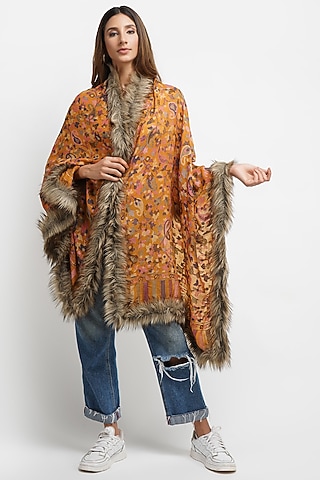 Mustard Fur & Pashmina Stole by DUSALA  ACCESSORIES