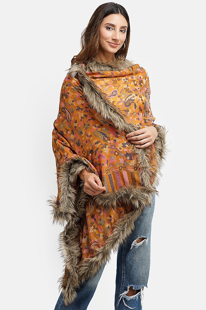 Mustard Fur & Pashmina Stole by DUSALA ACCESSORIES at Pernia's Pop Up Shop