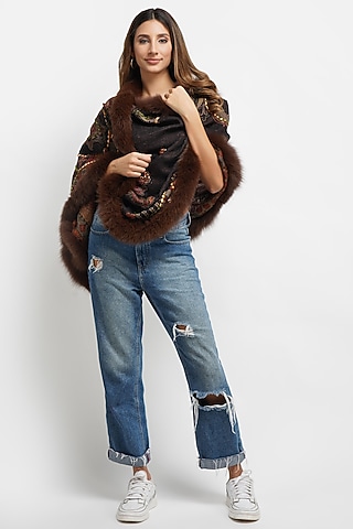 Brown Fur & Pashmina Stole by DUSALA  ACCESSORIES