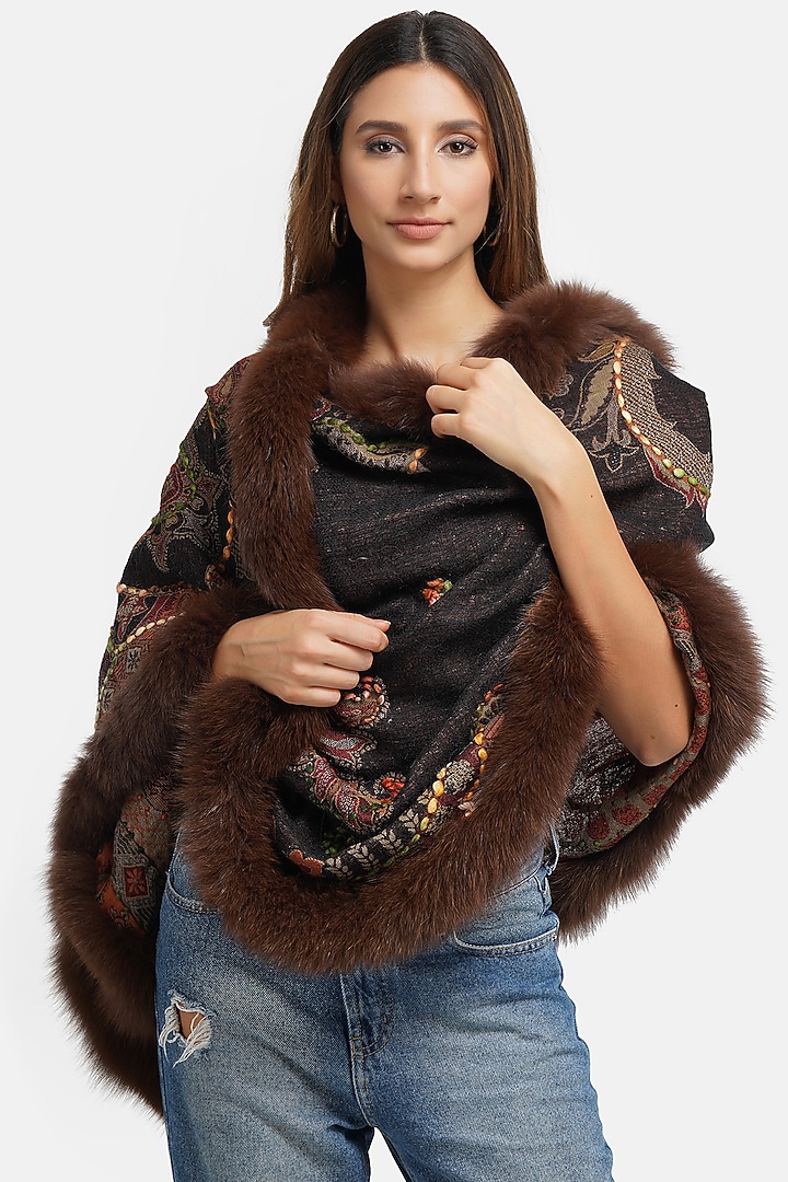 Brown Fur & Pashmina Stole by DUSALA ACCESSORIES at Pernia's Pop Up Shop