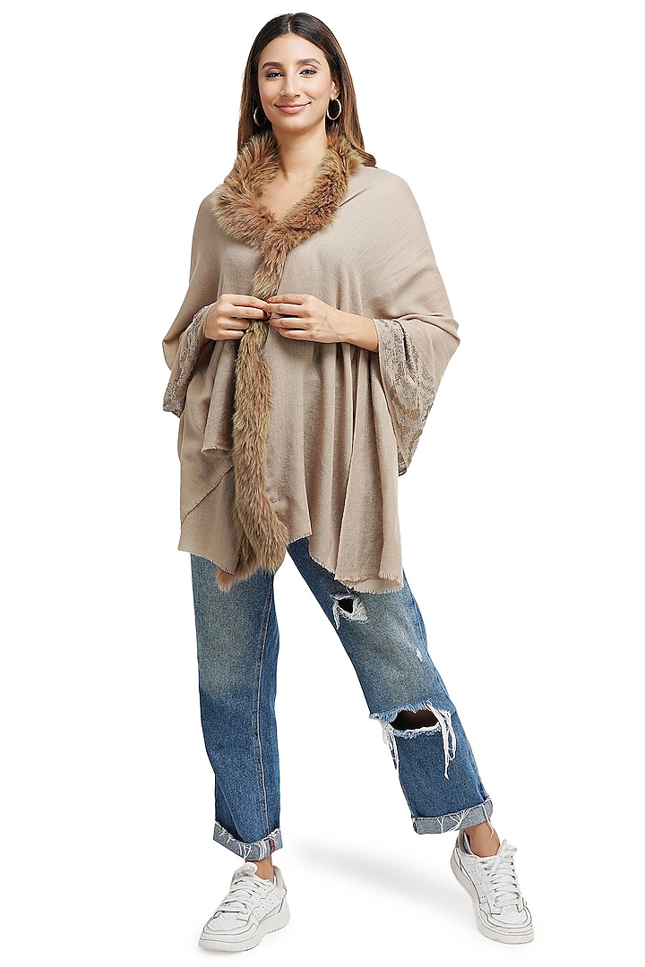Light Brown Pashmina & Fur Poncho by DUSALA  ACCESSORIES