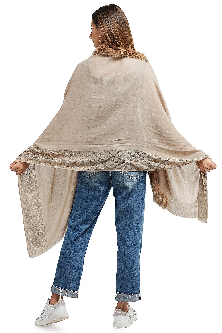 Light Brown Pashmina & Fur Poncho by DUSALA ACCESSORIES at Pernia's Pop Up Shop