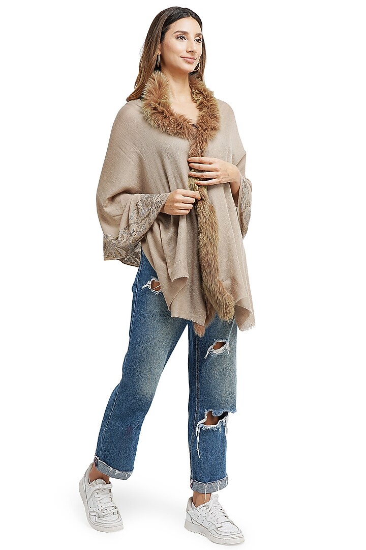 Light Brown Pashmina & Fur Poncho by DUSALA ACCESSORIES at Pernia's Pop Up Shop