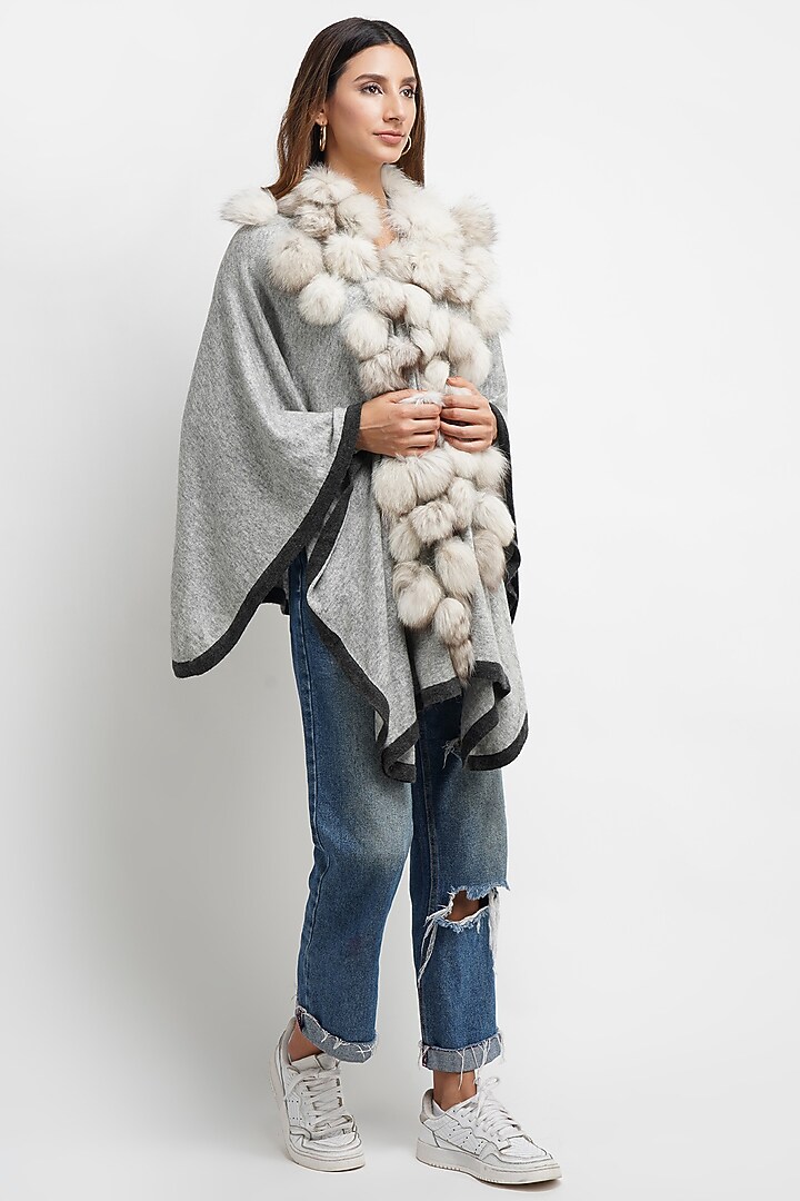 Grey Fur Poncho In Pashmina Blend by DUSALA ACCESSORIES at Pernia's Pop Up Shop
