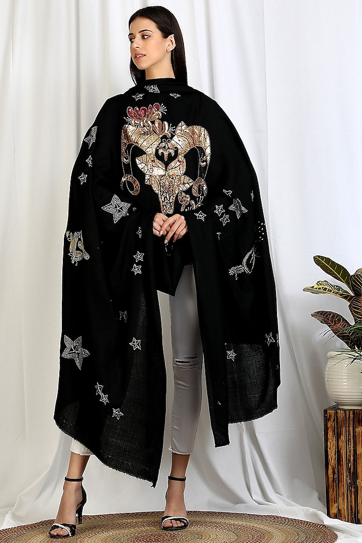 Black Embroidered Shawl by Dusala