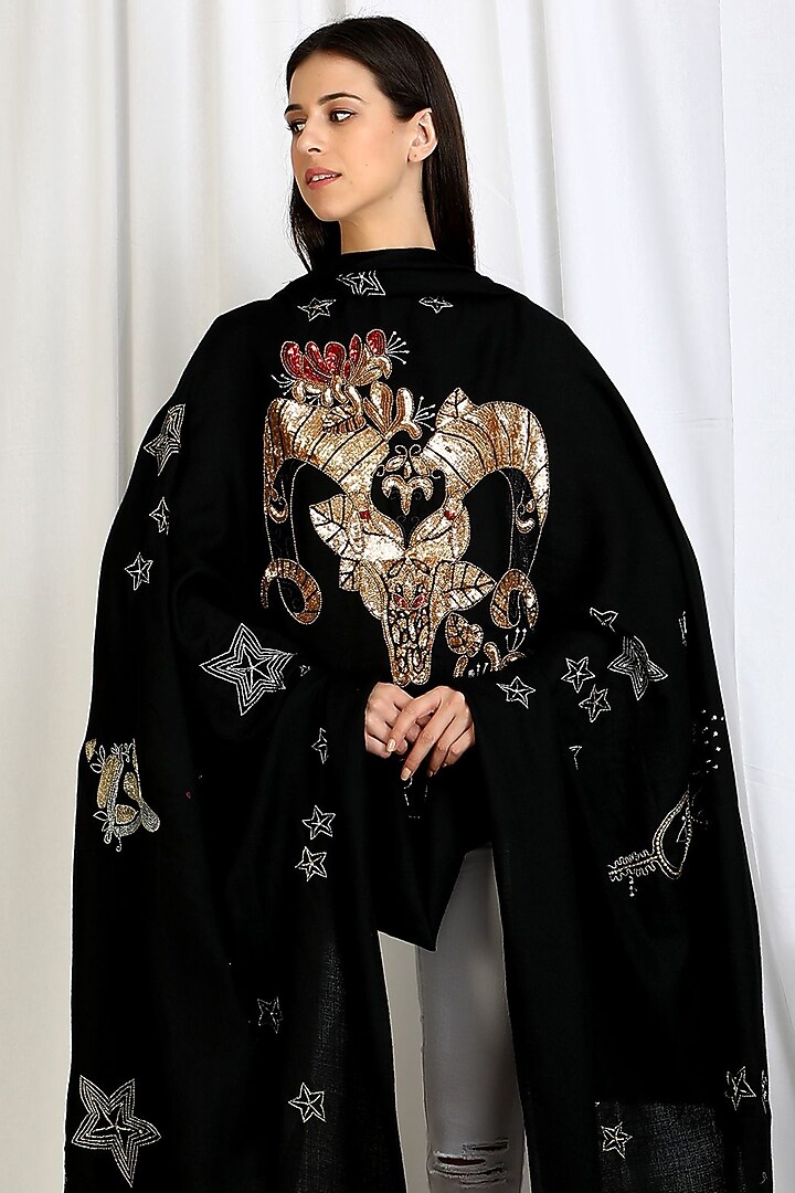 Black Embroidered Shawl by DUSALA ACCESSORIES at Pernia's Pop Up Shop