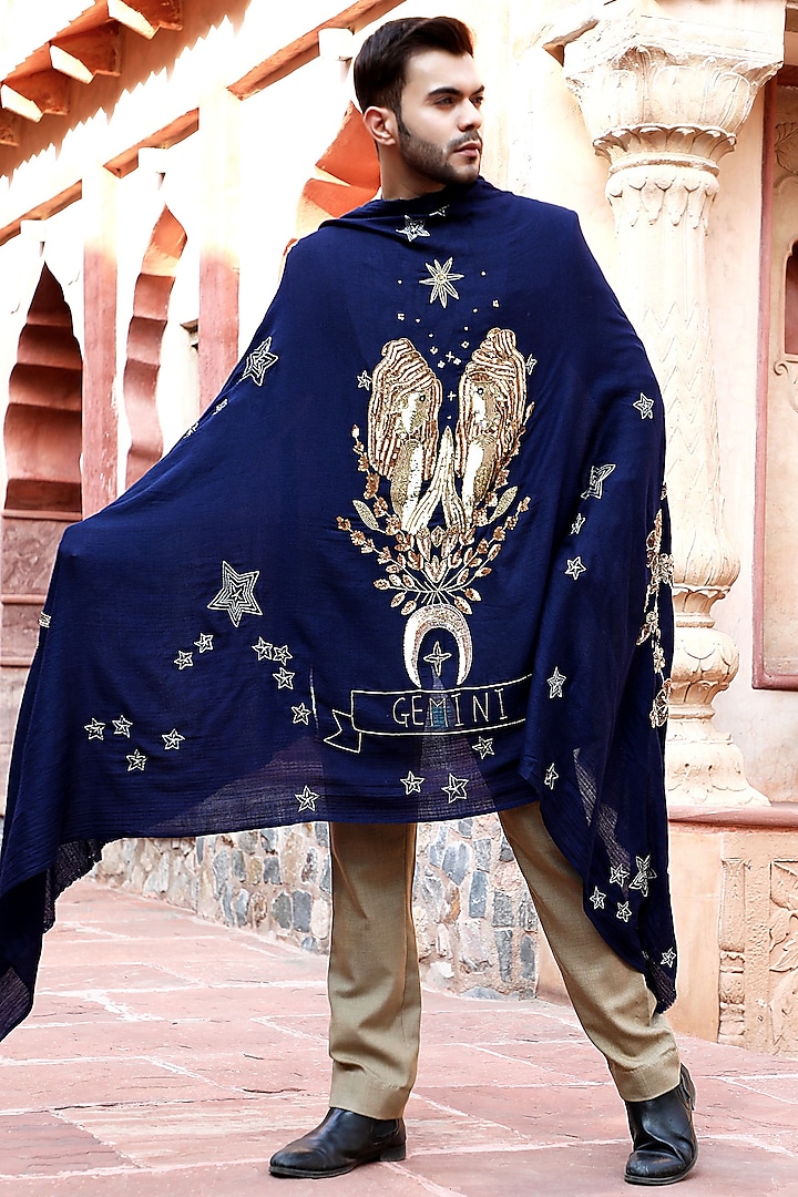 Blue Thread Embroidered Shawl by Dusala Men