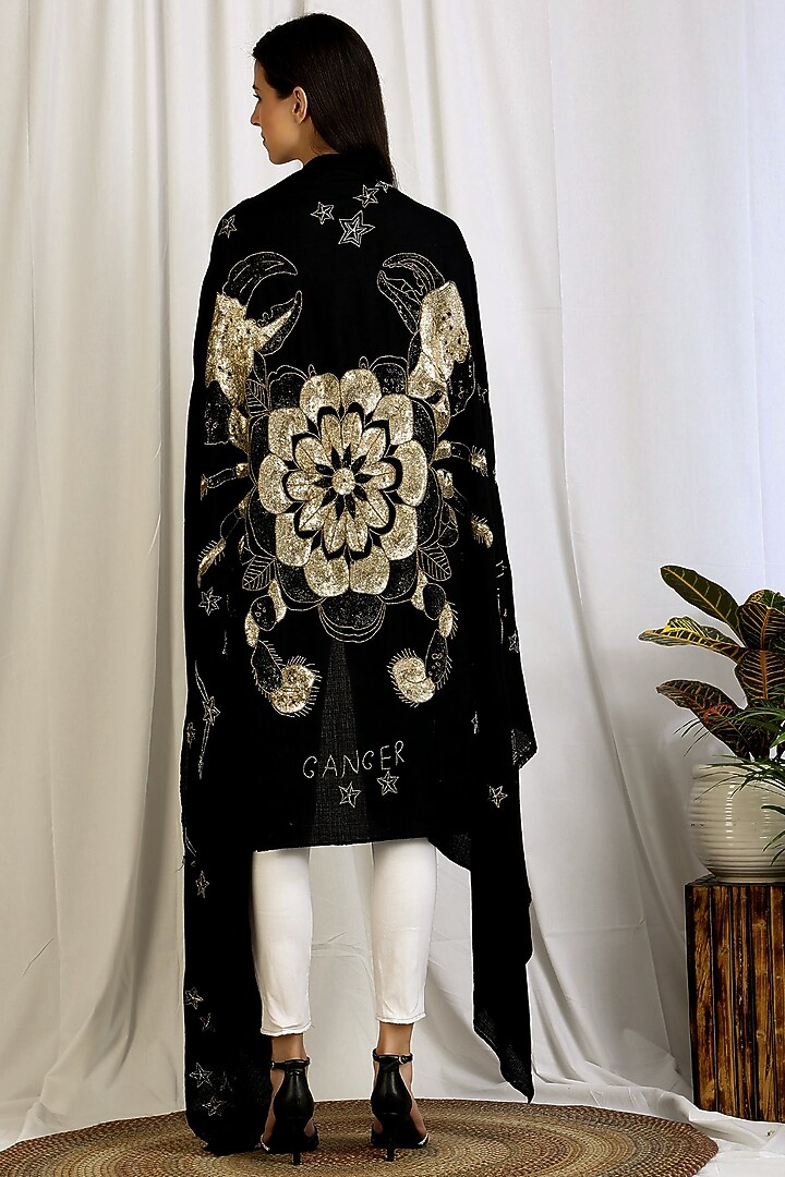 Black Sequins Embroidered Shawl by DUSALA ACCESSORIES at Pernia's Pop Up Shop