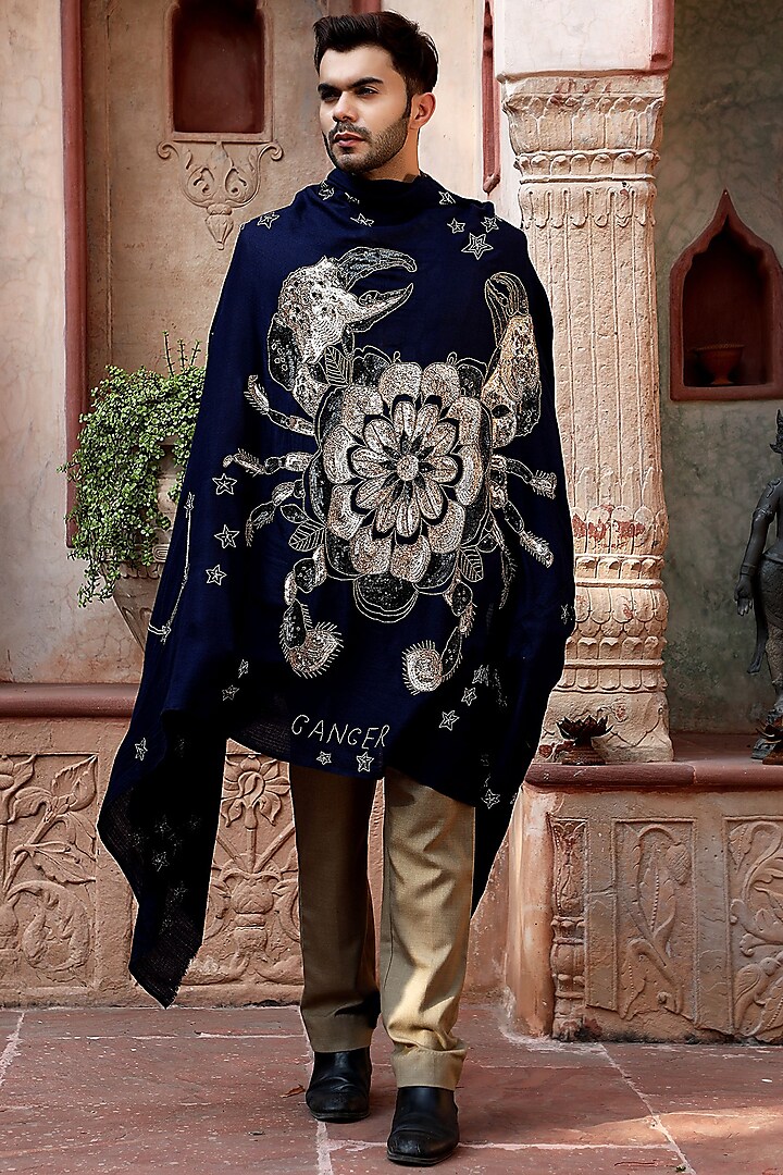Blue Sequins Embroidered Shawl by Dusala Men