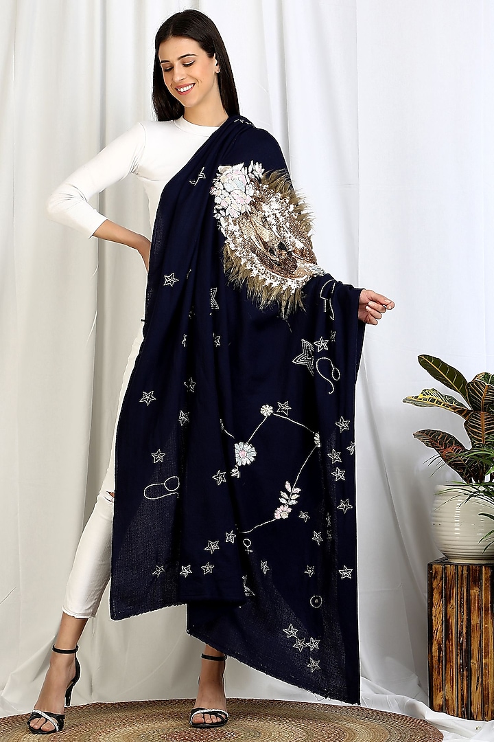 Blue Cashmere Fine Wool Shawl by DUSALA  ACCESSORIES