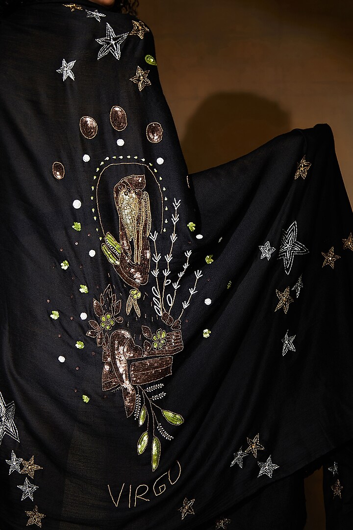 Black Cashmere Embroidered Shawl by DUSALA ACCESSORIES at Pernia's Pop Up Shop