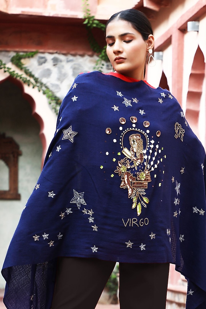 Blue Cashmere Embroidered Shawl by DUSALA ACCESSORIES at Pernia's Pop Up Shop