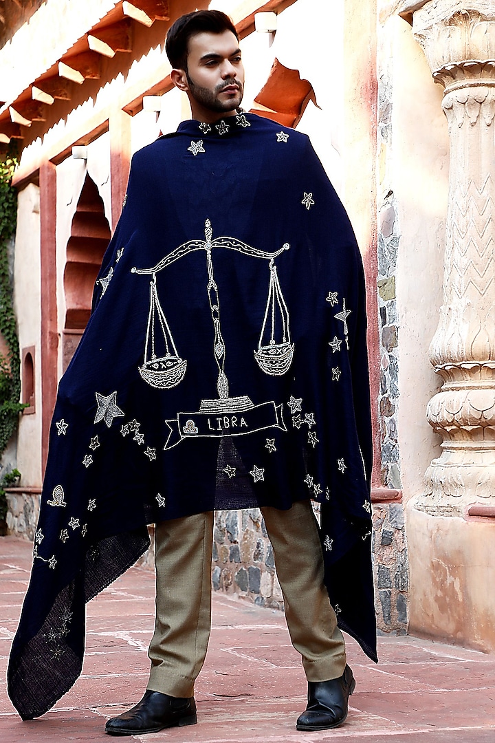 Blue Cashmere Sequins Embroidered Shawl by Dusala Men