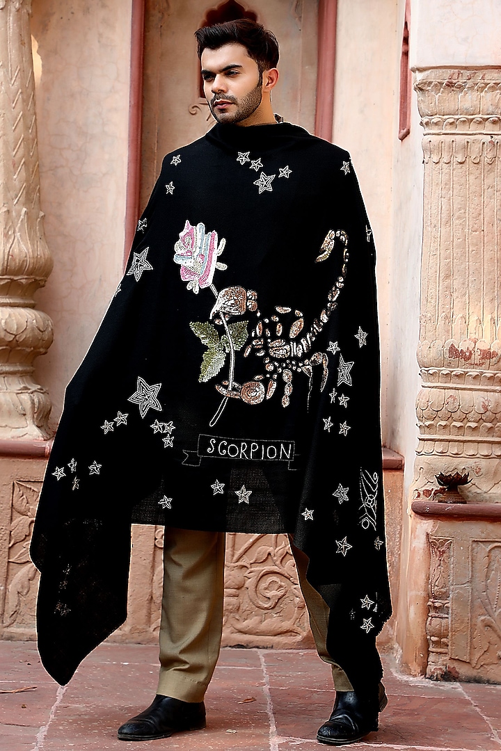 Black Scorpio Motif Embroidered Shawl by Dusala Men