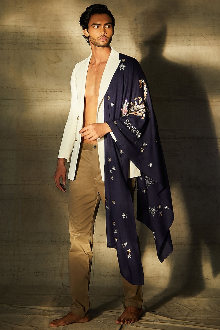 Blue Scorpio Motif Embroidered Shawl by Dusala