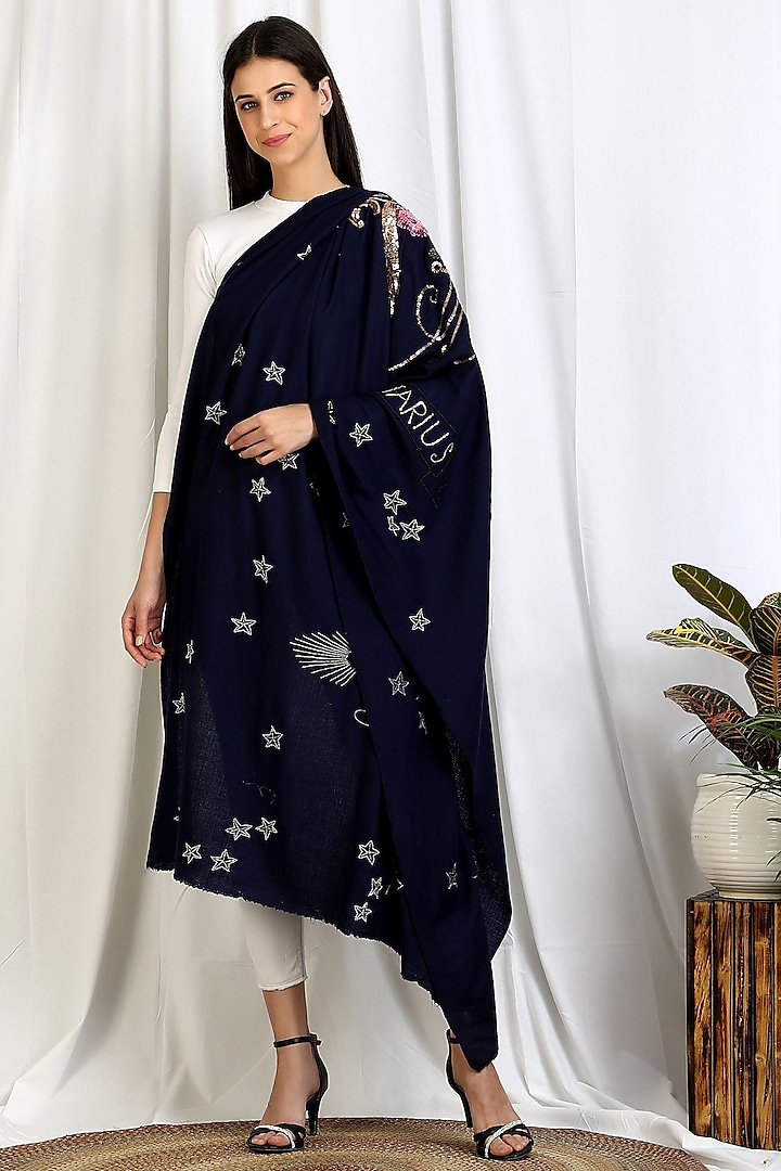 Blue Sagittarius Motif Embroidered Shawl by DUSALA  ACCESSORIES