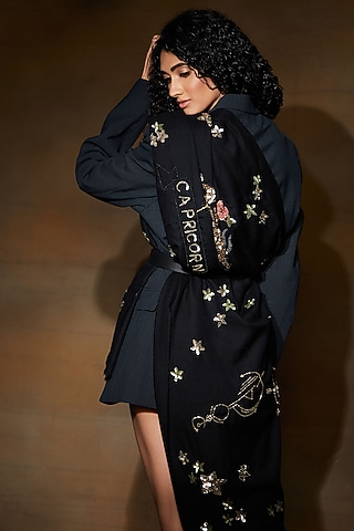 Black Capricorn Motif Embroidered Shawl by DUSALA  ACCESSORIES
