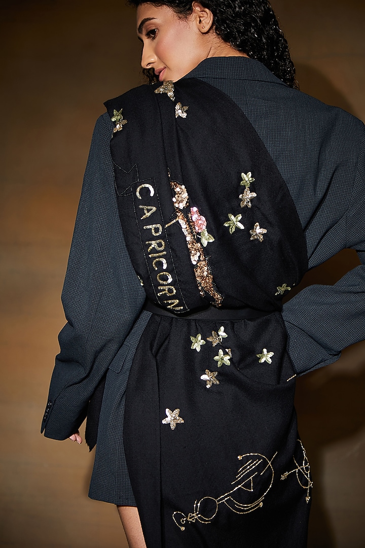 Black Capricorn Motif Embroidered Shawl by DUSALA ACCESSORIES at Pernia's Pop Up Shop