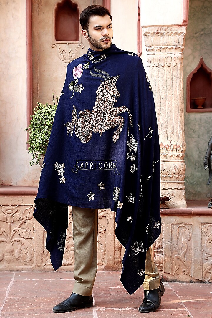 Blue Capricorn Motif Embroidered Shawl by Dusala