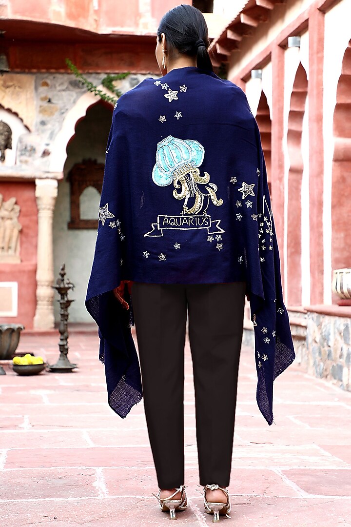 Blue Aquarius Motif Embroidered Shawl by DUSALA ACCESSORIES at Pernia's Pop Up Shop