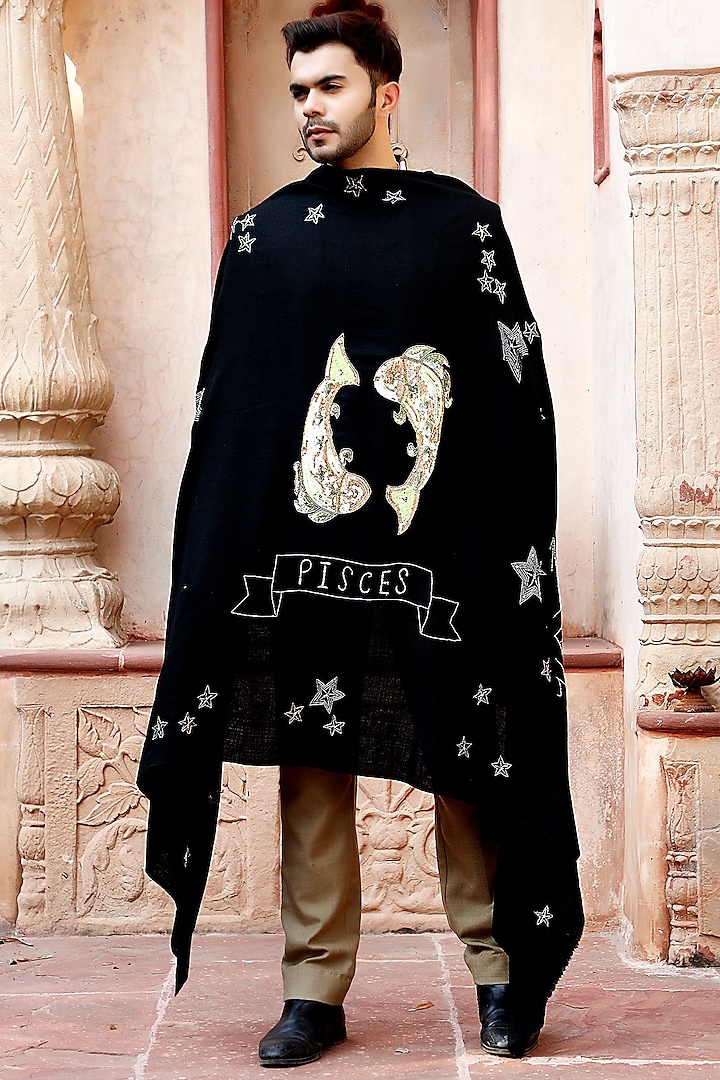 Black Pisces Motif Embroidered Shawl by Dusala Men