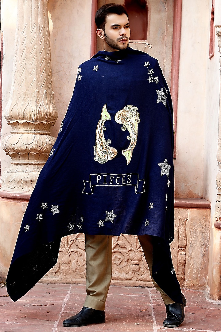 Blue Pisces Motif Embroidered Shawl by Dusala