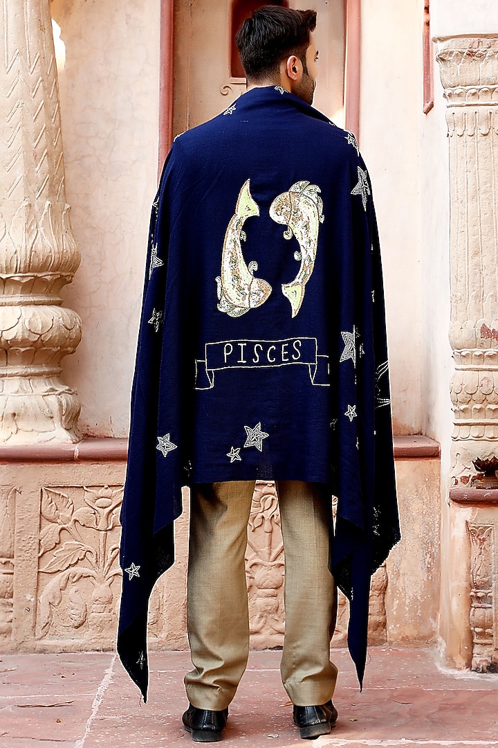 Blue Pisces Motif Embroidered Shawl by Dusala Men at Pernia's Pop Up Shop