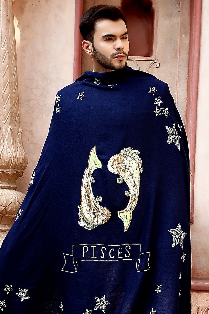 Blue Pisces Motif Embroidered Shawl by Dusala Men at Pernia's Pop Up Shop