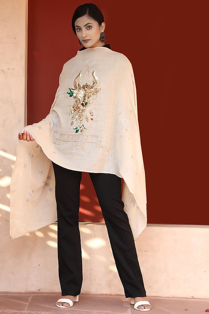 Beige Motif Embroidered Stole by DUSALA  ACCESSORIES