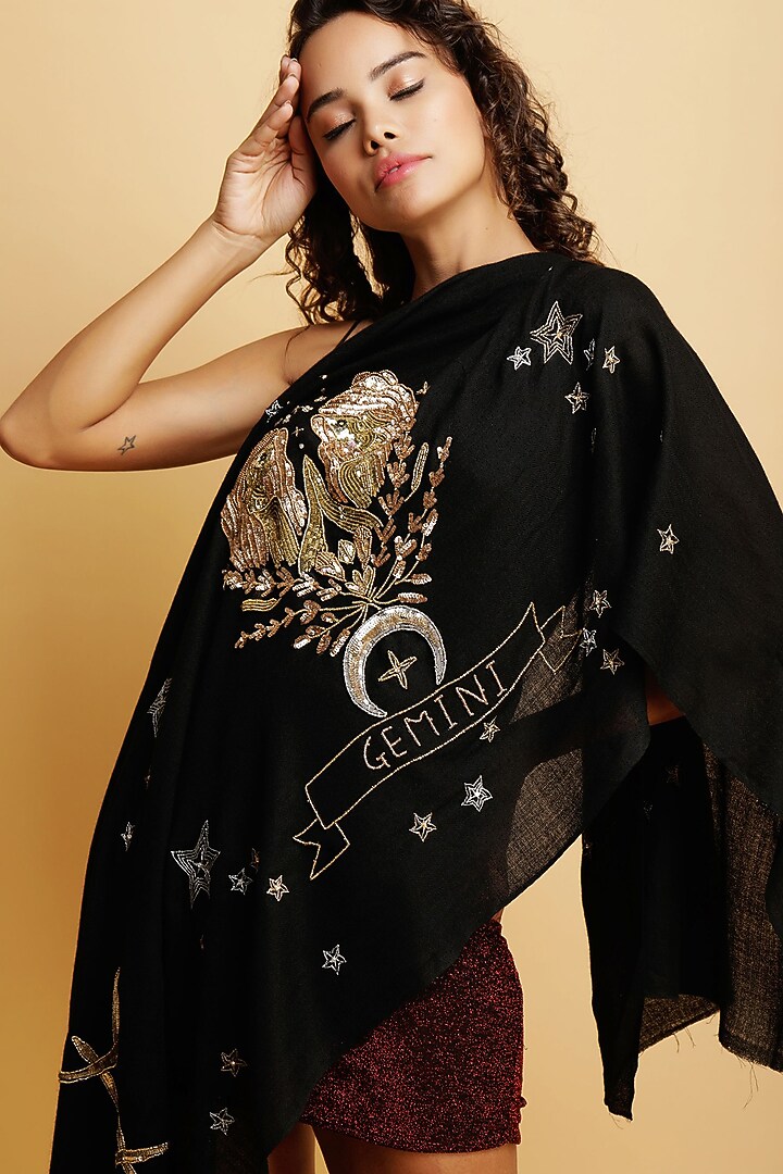 Black Embroidered Stole by DUSALA ACCESSORIES at Pernia's Pop Up Shop