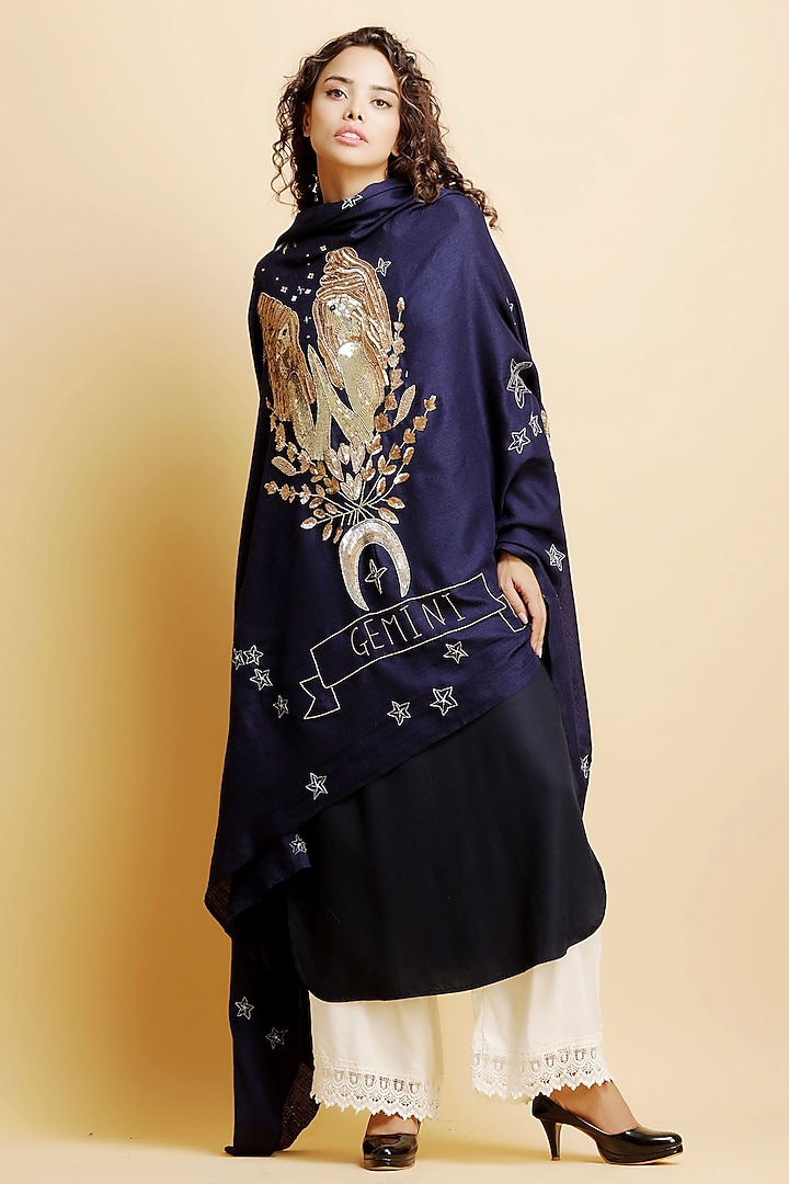 Blue Embroidered Stole by DUSALA  ACCESSORIES