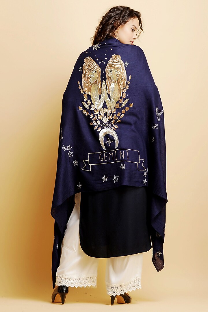 Blue Embroidered Stole by DUSALA ACCESSORIES at Pernia's Pop Up Shop
