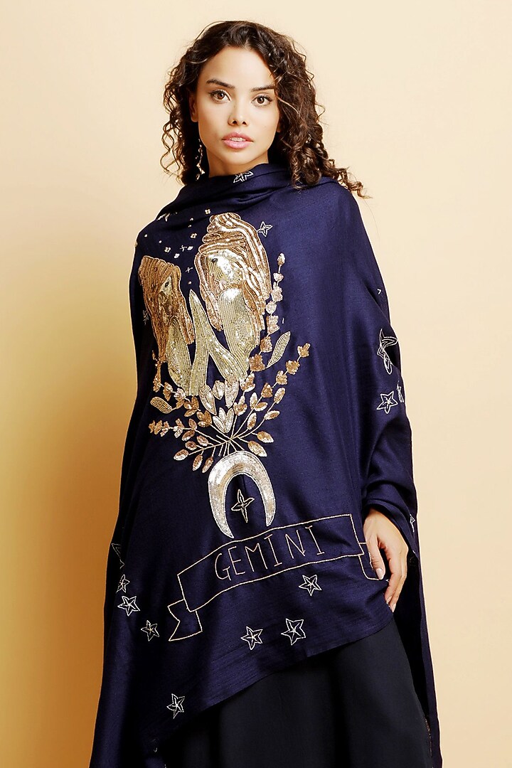 Blue Embroidered Stole by DUSALA ACCESSORIES at Pernia's Pop Up Shop