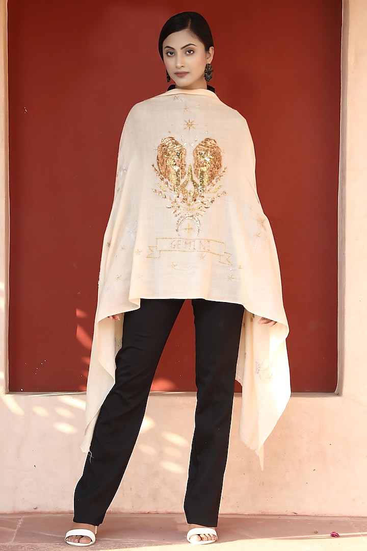 Beige Embroidered Stole by DUSALA  ACCESSORIES