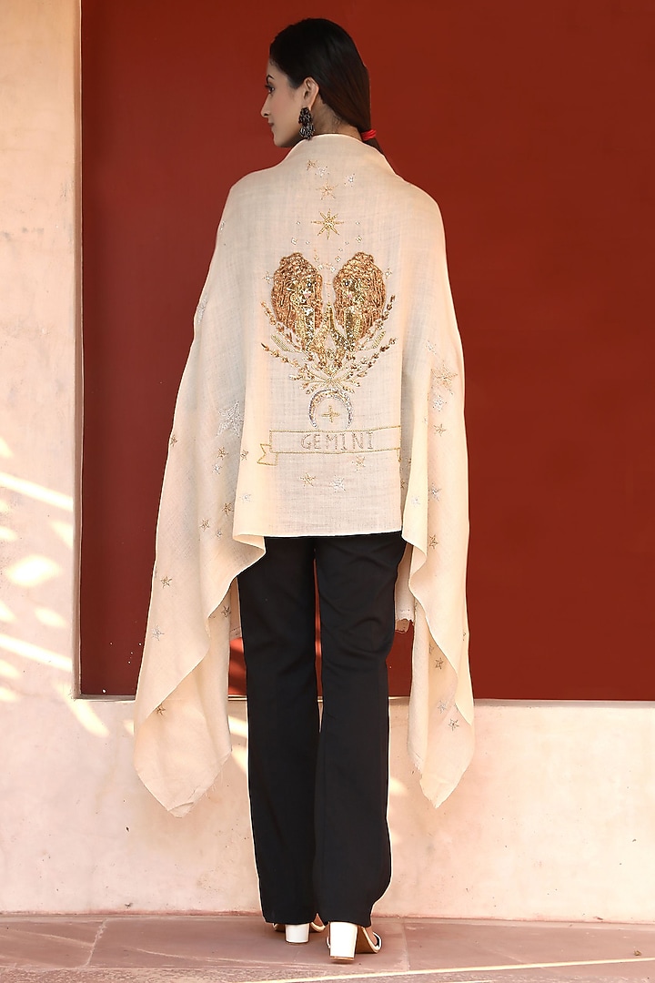 Beige Embroidered Stole by DUSALA ACCESSORIES at Pernia's Pop Up Shop