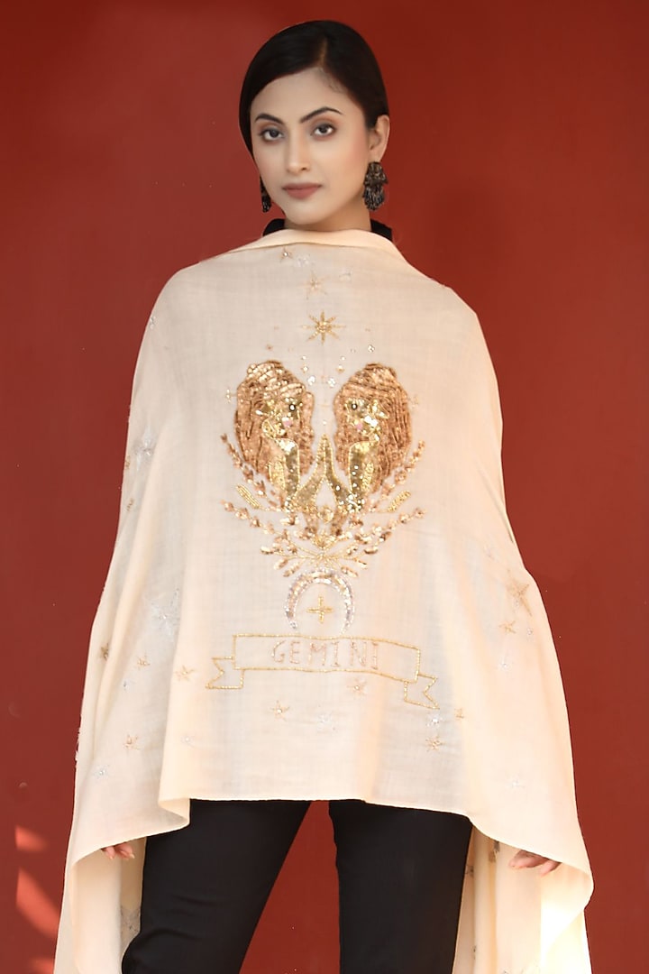 Beige Embroidered Stole by DUSALA ACCESSORIES at Pernia's Pop Up Shop