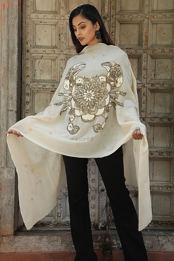 Beige Thread Embroidered Stole by Dusala