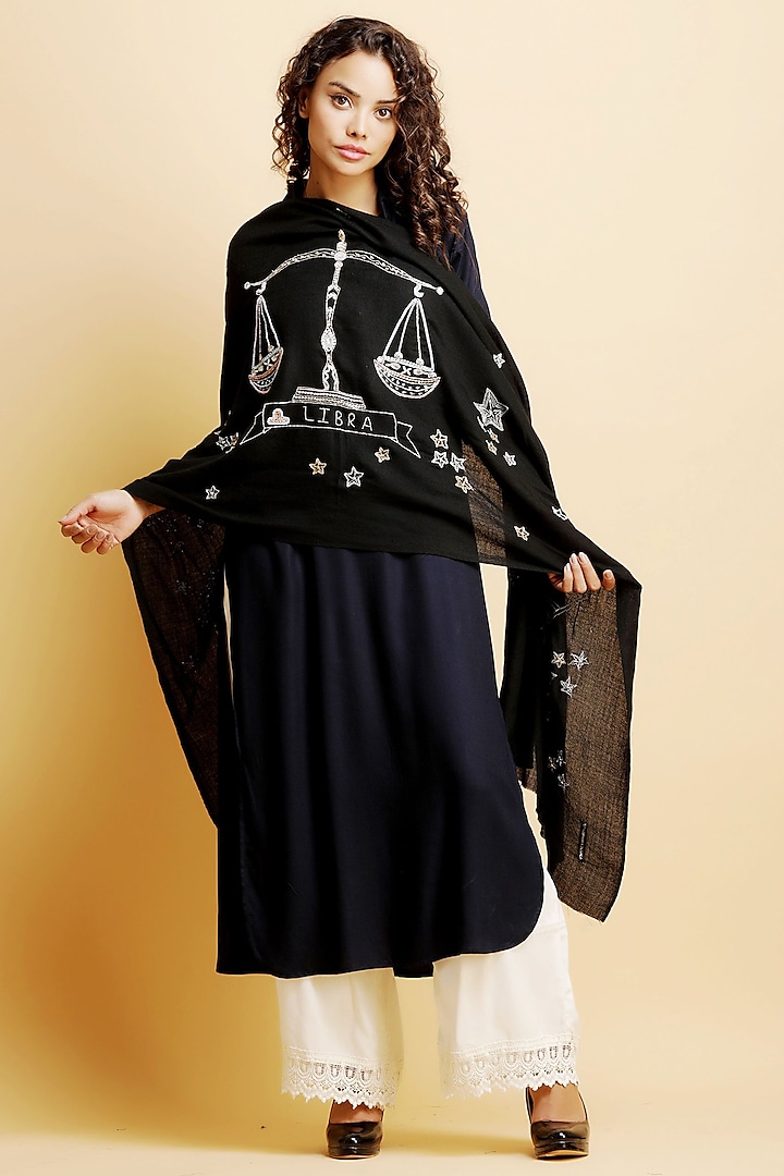 Black Libra Motif Embroidered Stole by Dusala