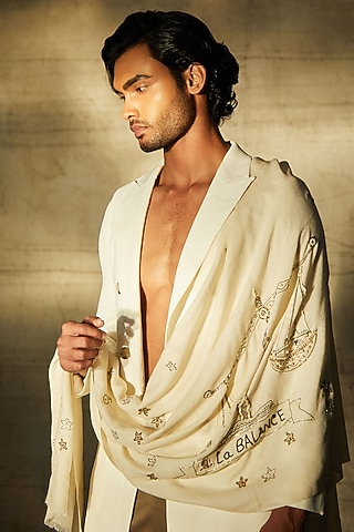 Beige Libra Motif Embroidered Stole by Dusala Men