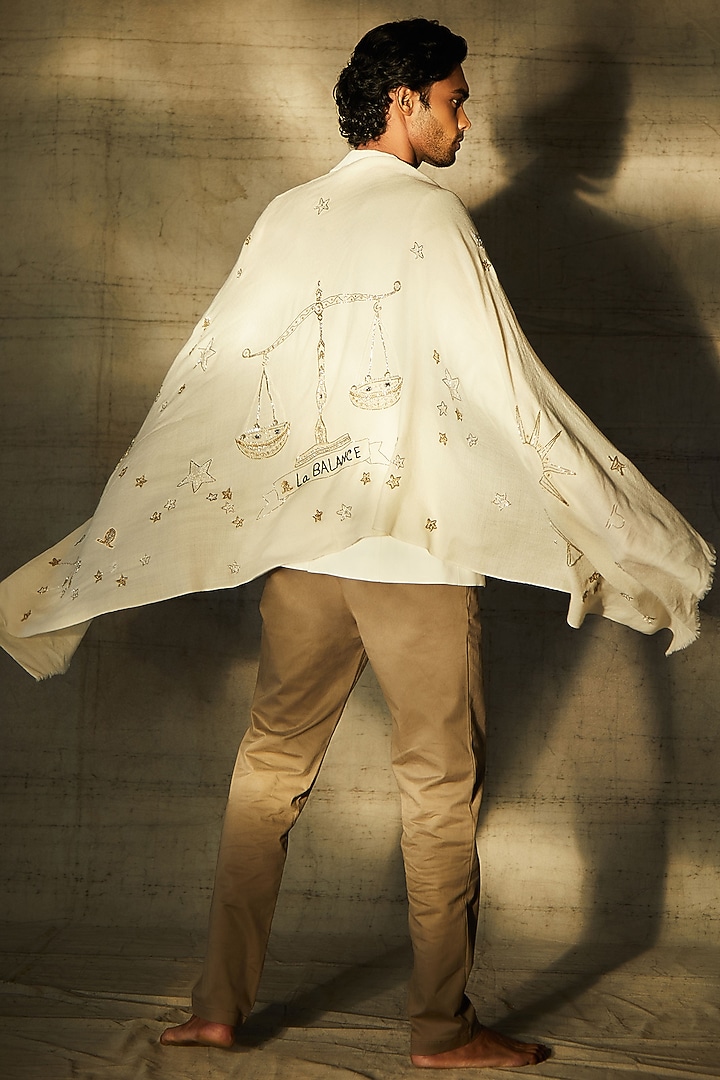 Beige Libra Motif Embroidered Stole by Dusala Men at Pernia's Pop Up Shop