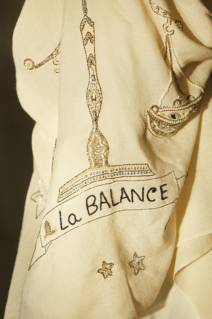 Beige Libra Motif Embroidered Stole by Dusala Men at Pernia's Pop Up Shop