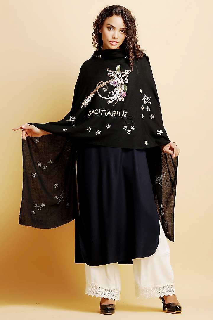 Black Cashmere Embroidered Stole by Dusala