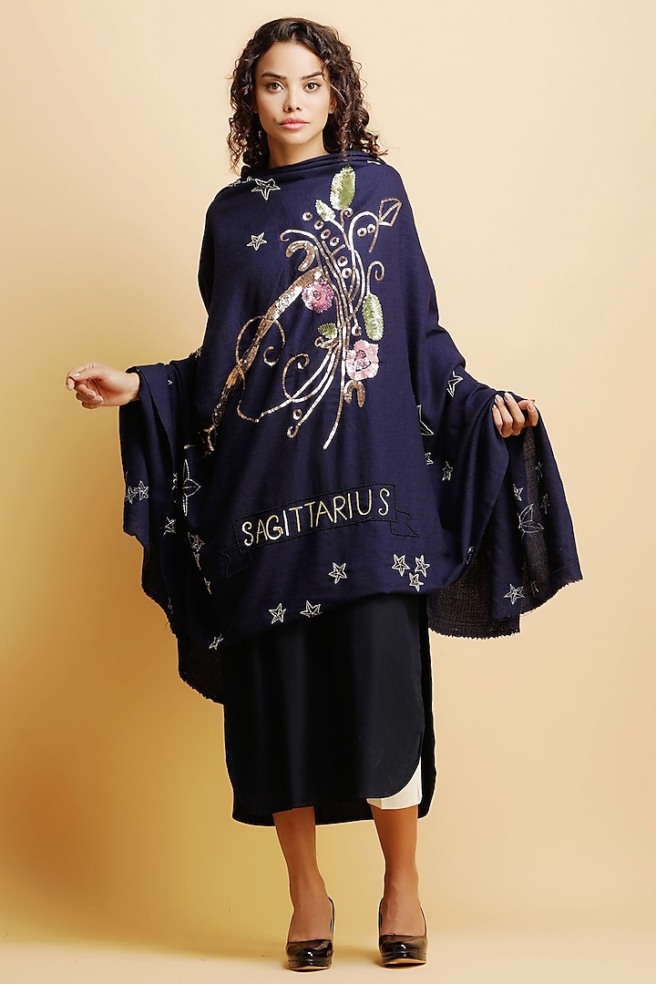 Blue Cashmere Embroidered Stole by Dusala