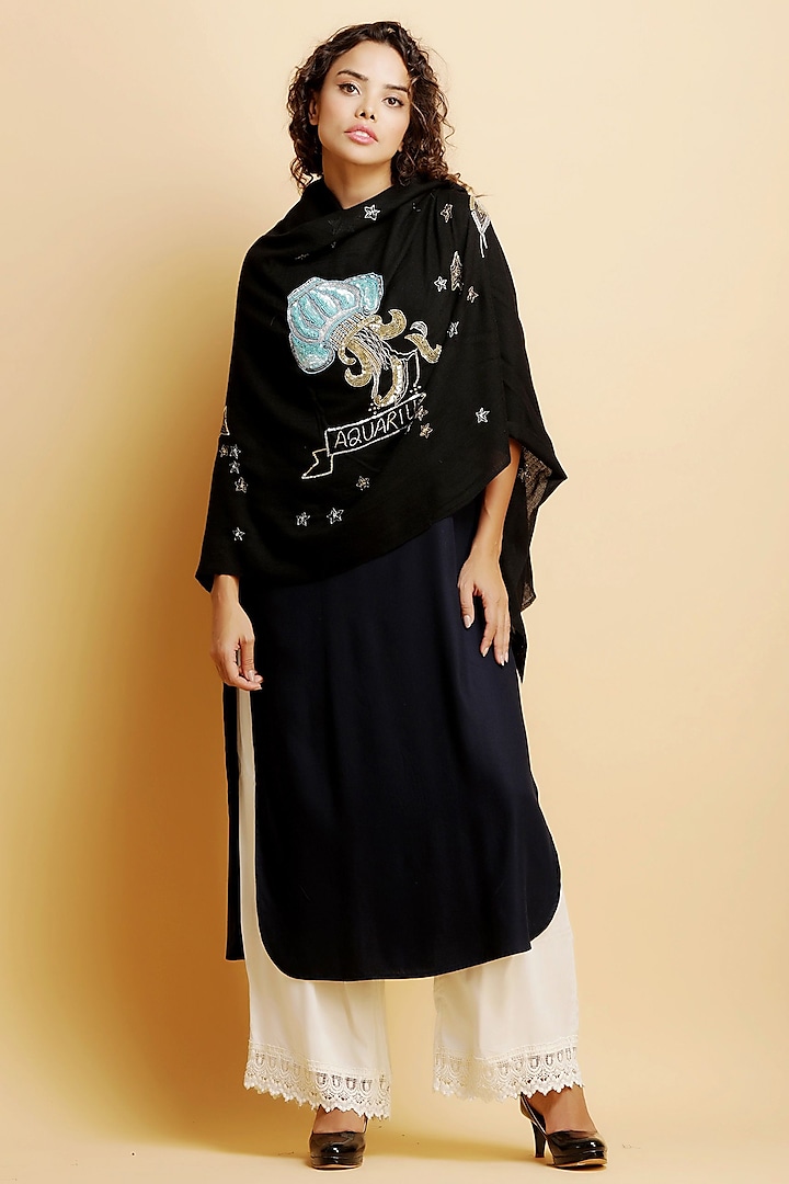 Black Motif Embroidered Stole by DUSALA  ACCESSORIES